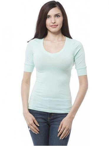Tankinis Women's Plain Basic Elbow Length Sleeves V Neck Top Fitted Shirt - Mint - CA11TTYHRQF $22.93