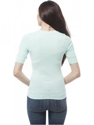 Tankinis Women's Plain Basic Elbow Length Sleeves V Neck Top Fitted Shirt - Mint - CA11TTYHRQF $12.23