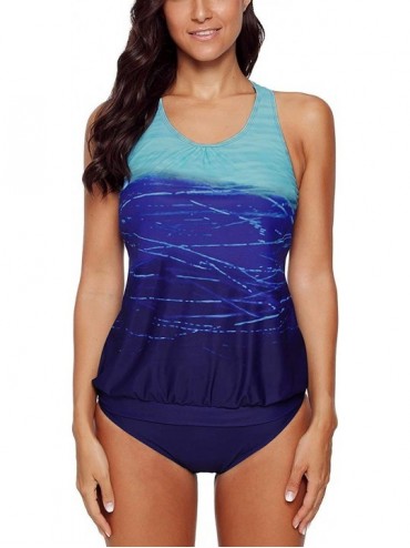 Tankinis Women's Push up Padded Pattern Printed Tankini Two Piece Swimsuits Bathing Suit Swimwear(S-3XL) - A-blue - CI18M0UES...