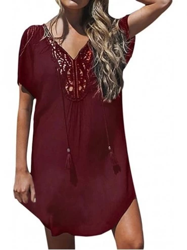 Cover-Ups Women's Lace Stitching Hollow Out V-Neck Beach Short Dress Swim Cover-up - Burgundy - CF18R7ZX775 $28.28