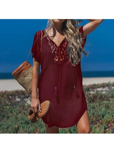 Cover-Ups Women's Lace Stitching Hollow Out V-Neck Beach Short Dress Swim Cover-up - Burgundy - CF18R7ZX775 $15.08