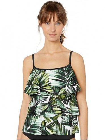 Tops Women's 3-Tiered Ruffle Tankini Swimsuit Top - Black/Green//Palmtastic - CL18HTEX69I $47.03