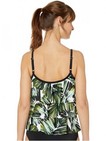 Tops Women's 3-Tiered Ruffle Tankini Swimsuit Top - Black/Green//Palmtastic - CL18HTEX69I $31.57