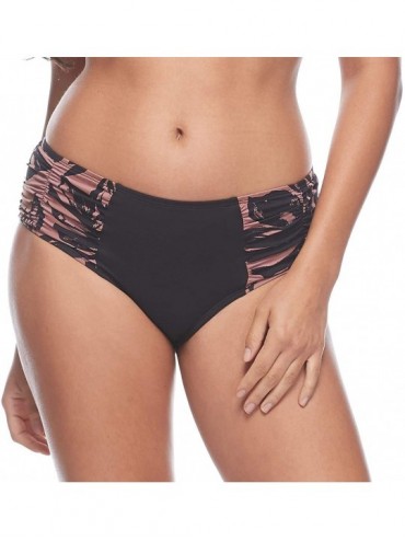 Bottoms Women's Alessia Hi Waist Ruched Bikini Bottom Swimsuit - Sulawesi Black Leafy Print - CG18WELZE48 $48.73