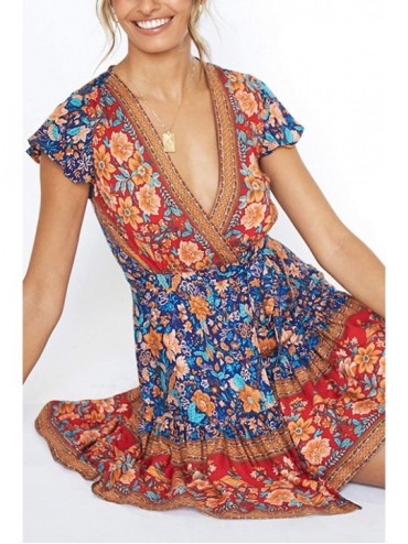 Cover-Ups Women's Summer Wrap V Neck Bohemian Floral Print Ruffle Swing A Line Beach Mini Dress - Royal Blue - CW199I79CAT $2...