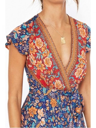 Cover-Ups Women's Summer Wrap V Neck Bohemian Floral Print Ruffle Swing A Line Beach Mini Dress - Royal Blue - CW199I79CAT $2...