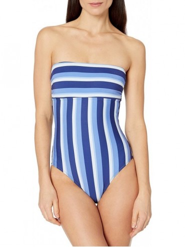 One-Pieces Women's Bandeau Lace Up One Piece Swimsuit - Parallel Stripe Navy - C318Y7LG4TL $83.13