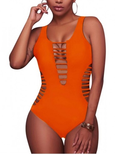 One-Pieces Women Sexy One Piece Swimsuits Plunge Deep V Neck Cutout Bathing Suits - Orange - CI18AZISWIE $27.44