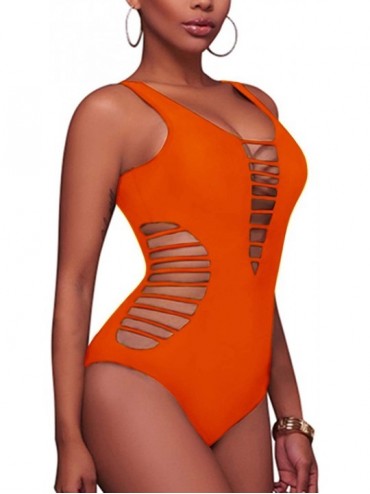One-Pieces Women Sexy One Piece Swimsuits Plunge Deep V Neck Cutout Bathing Suits - Orange - CI18AZISWIE $27.44