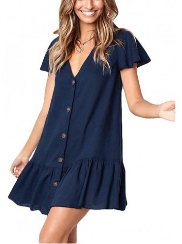 Cover-Ups Women Embroidered Half/Long Sleeve Swimsuit Cover Up Mini Beach Dress - F-navy - CL18T60020R $41.72