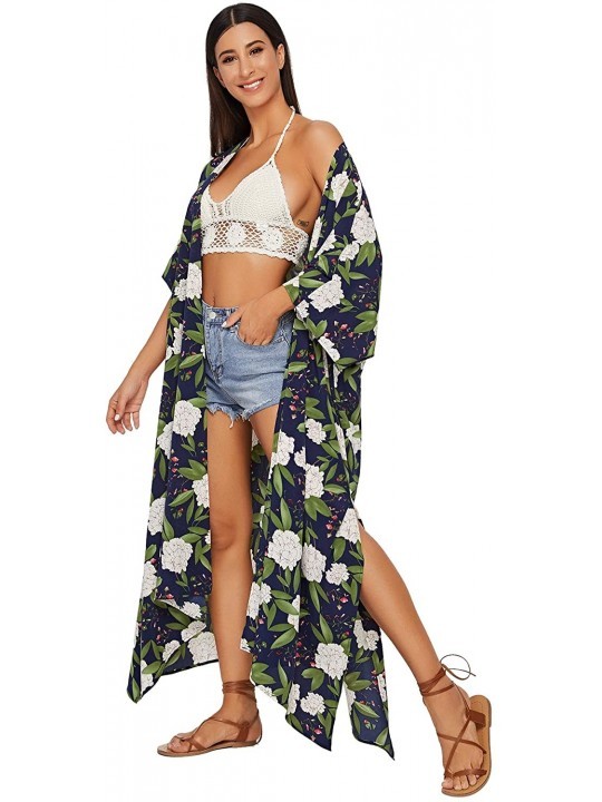 Cover-Ups Women's Flowy Kimono Cardigan Open Front Maxi Dress - Navy - C01944O6YXU $18.93