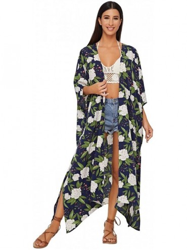 Cover-Ups Women's Flowy Kimono Cardigan Open Front Maxi Dress - Navy - C01944O6YXU $18.93