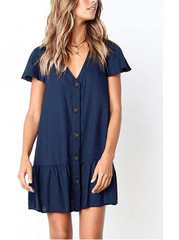 Cover-Ups Women Embroidered Half/Long Sleeve Swimsuit Cover Up Mini Beach Dress - F-navy - CL18T60020R $17.25
