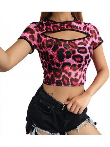 Board Shorts Fashion Women Summer O-Neck Short Sleeve Hollow Out Mesh Leopard Print Crop Top - Hot Pink - CU194KYQD42 $10.31