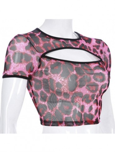 Board Shorts Fashion Women Summer O-Neck Short Sleeve Hollow Out Mesh Leopard Print Crop Top - Hot Pink - CU194KYQD42 $10.31