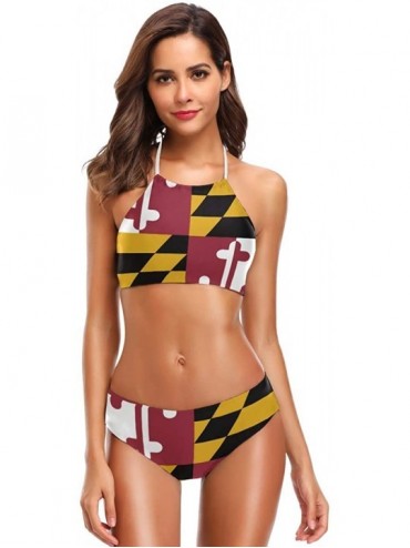 Sets Thin Blue Line American Police Flag 2 Pcs Halter High Waist Swimsuit Bathing Set for Woman Girls - Maryland Flag - CS18O...