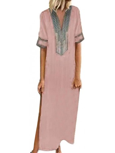 Cover-Ups Women's Printed Long Sleeve V-Neck Maxi Dress Hem Baggy Kaftan Long Dress - Pink - CR18U7KHSL2 $32.79