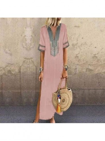Cover-Ups Women's Printed Long Sleeve V-Neck Maxi Dress Hem Baggy Kaftan Long Dress - Pink - CR18U7KHSL2 $32.79