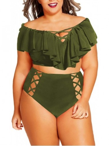 Sets Women Plus Size Ruffles High Waisted Swimsuit Bikini Sets Bathing Suit - 02-olive Green - C1180N4NGRX $40.65