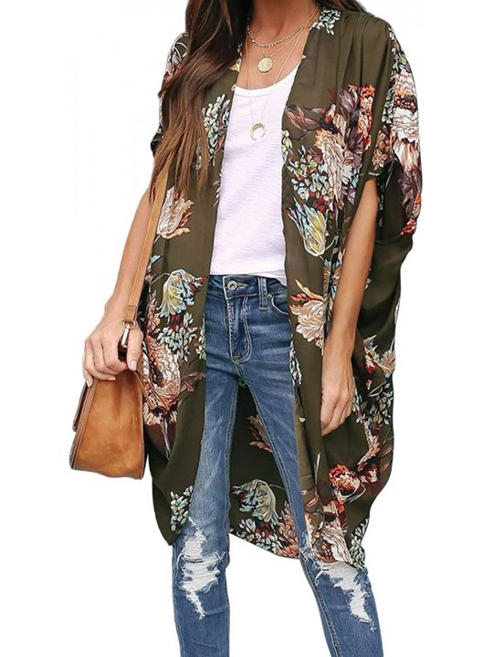 Cover-Ups Women's Beach Swimwear Cover Up Kimono Loose Tops Floral Blouse Cardigan - Green1 - C3196IQGS0A $25.78