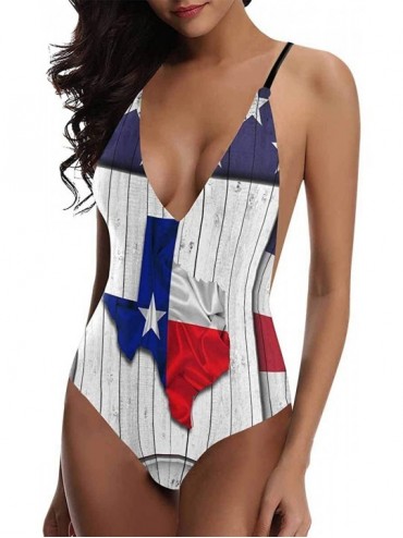 One-Pieces American State Flags V-Neck Women Lacing Backless One-Piece Swimsuit Bathing Suit XS-3XL - Texas Flag 01 - CF18S5L...