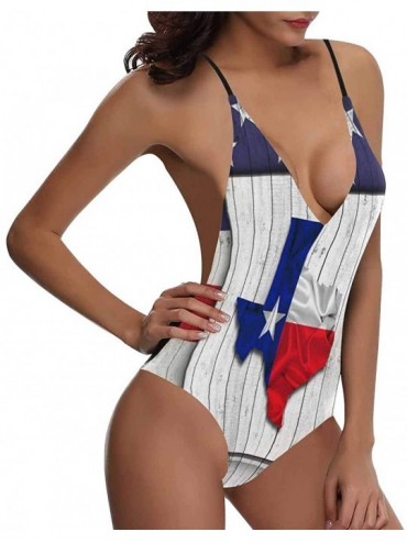 One-Pieces American State Flags V-Neck Women Lacing Backless One-Piece Swimsuit Bathing Suit XS-3XL - Texas Flag 01 - CF18S5L...