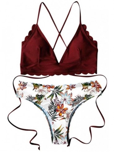 Sets Women's Bikini Scalloped Hem Lace Up Tropical Print High Cut Bikini Two Piece Swimsuit - A - CD19062CKN6 $33.43