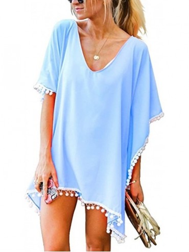 Cover-Ups Women's Chiffon Tassel Swimsuit Cover up Solid Oversized Bathing Suit Beach Dress - Z-light Blue - CU18CCI0L50 $10.28