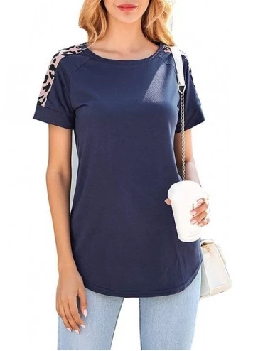 Racing Women's Leopard Print Tops Short Sleeve Cute T Shirts Round Neck Casual Summer Tunic Tee Blouse - Navy Blue - C6196C6S...