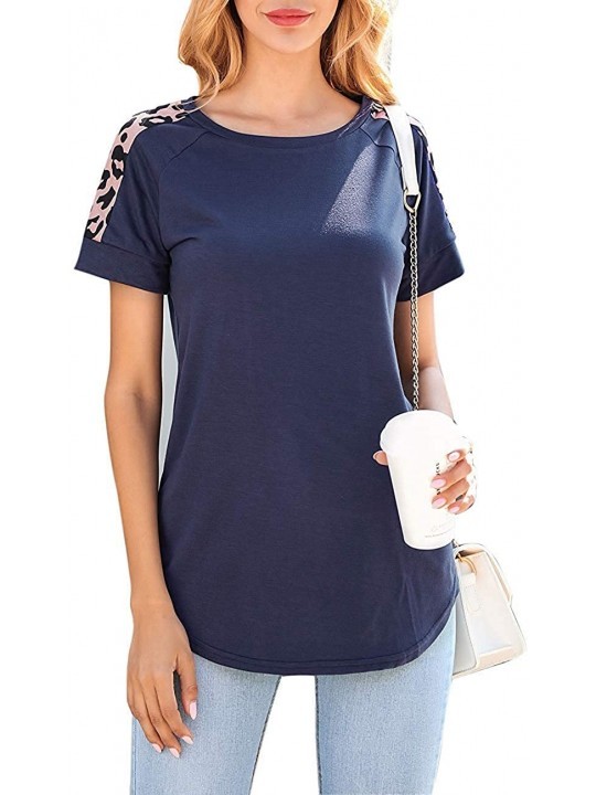 Racing Women's Leopard Print Tops Short Sleeve Cute T Shirts Round Neck Casual Summer Tunic Tee Blouse - Navy Blue - C6196C6S...