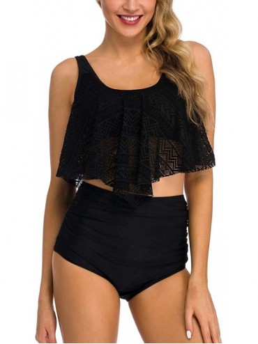 Sets Women's High Neck Two Piece Bathing Suits Top Ruffled High Waist Swimsuit Tankini Bikini Sets - Black - C118S4KYSQG $49.85