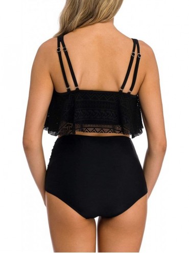 Sets Women's High Neck Two Piece Bathing Suits Top Ruffled High Waist Swimsuit Tankini Bikini Sets - Black - C118S4KYSQG $21.27