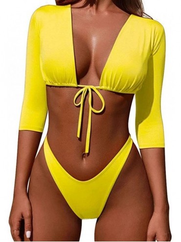Sets Womens 3/4 Sleeve Tie Front High Waist Thong Bikini Set 2 Piece Swimsuit - Yellow - CC18LEDKY97 $23.07