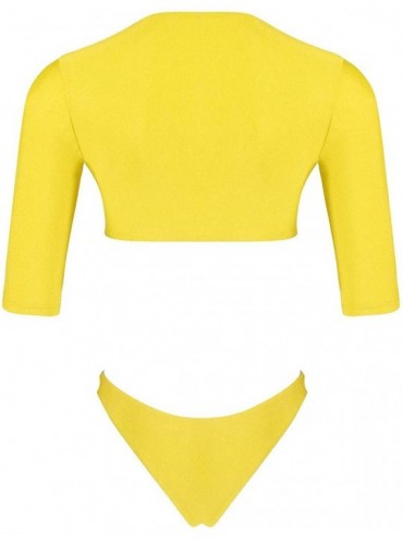 Sets Womens 3/4 Sleeve Tie Front High Waist Thong Bikini Set 2 Piece Swimsuit - Yellow - CC18LEDKY97 $9.35