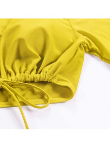 Sets Womens 3/4 Sleeve Tie Front High Waist Thong Bikini Set 2 Piece Swimsuit - Yellow - CC18LEDKY97 $9.35