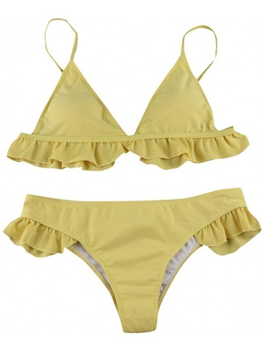 Sets Women Two Pieces High Waisted Ruffle Bikini Set V Neck Solid Swimwear Sexy Swimsuit Beachwear Bathing Suits Yellow - CX1...