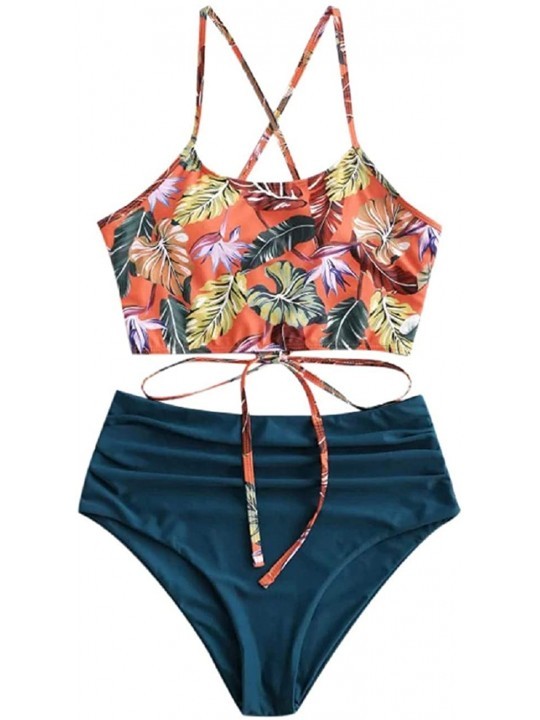 Sets Women's Fashion Beach Criss Cross Mid Waisted Tropical Floral Bikini Set Lace Up Push Up Two Piece Swimsuits Blue - CI19...