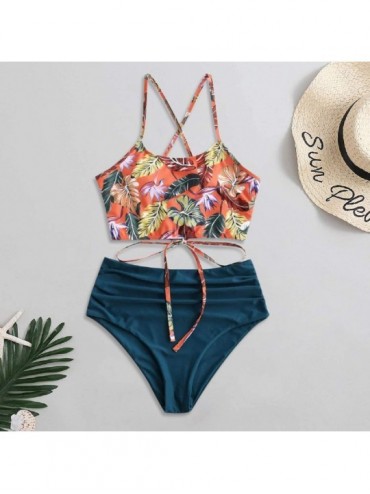 Sets Women's Fashion Beach Criss Cross Mid Waisted Tropical Floral Bikini Set Lace Up Push Up Two Piece Swimsuits Blue - CI19...