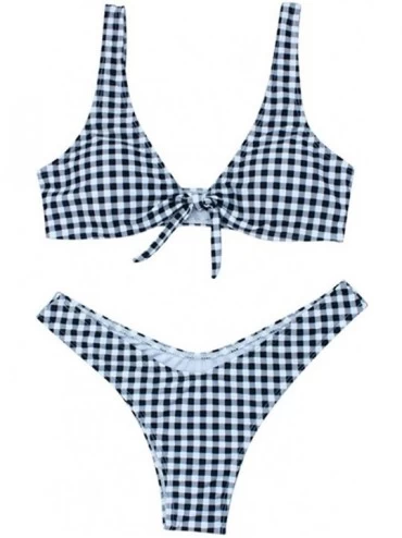 Sets Womens Plaid Print Swimwear Tie Front Knot Bathing Suit V Neck Design Two Piece Bikini Sets - Blue - CX18C76X95X $23.93