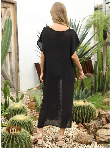 Cover-Ups Women's Colorful Cotton Embroidered Turkish Kaftans Beachwear Bikini Cover up Dress - B-black0250 - CD199UIEKOQ $22.93