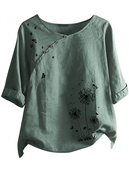 One-Pieces Floral Print Shirt Womens Summer Fashion Bohemian Short Sleeve Linen O Neck Plus Size Loose Tank Tops Army Green B...