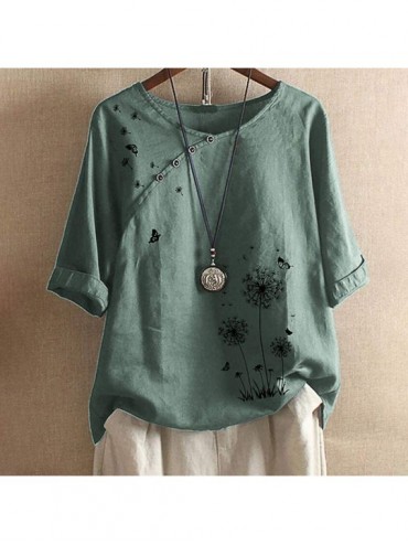 One-Pieces Floral Print Shirt Womens Summer Fashion Bohemian Short Sleeve Linen O Neck Plus Size Loose Tank Tops Army Green B...
