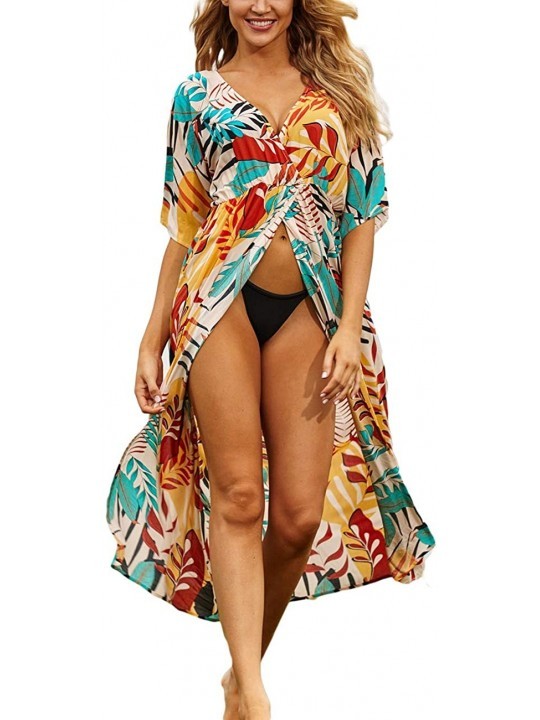 Cover-Ups Women's Print Turkish Kaftan Beachwear Bikini Cover Up Maxi Dress - Leaf Print 3 - C119D8YTY2M $20.07