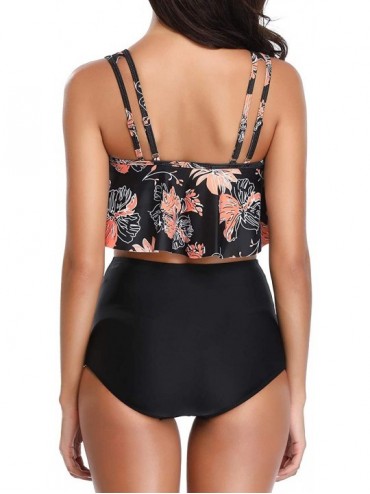 Sets Women Two Piece Swimsuit Ruffled Flounce Bikini High Waist Ruched Bottom Bathing Suit - Flower Black - CQ18NK23WLG $16.62