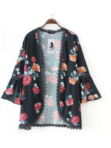 Racing Chiffon Shawl Print Lace Kimono Cardigan Cover Up Flare Sleeve Beachwear Women - Black - CD18OM8QKTX $16.89