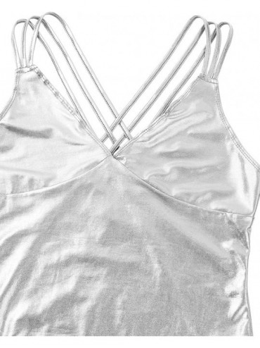 One-Pieces Sexy Women One-Piece Shiny PVC Leather High Cut Leotard Bikini Bodysuit Swimsuit - 2 Silver - CK18WSOM0DL $24.95