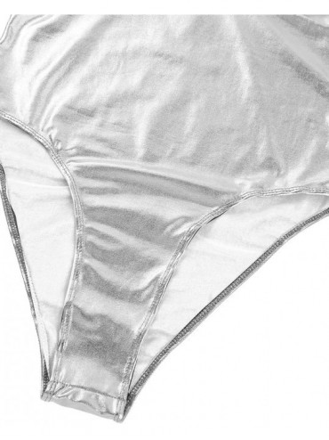 One-Pieces Sexy Women One-Piece Shiny PVC Leather High Cut Leotard Bikini Bodysuit Swimsuit - 2 Silver - CK18WSOM0DL $24.95