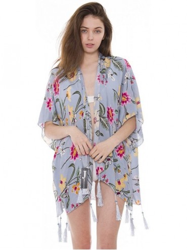 Cover-Ups Womens Summer Soft Lightweight Boho Kimono Beach Cover-up- Various Prints - Pastel Blue Allover Floral Print - CQ18...