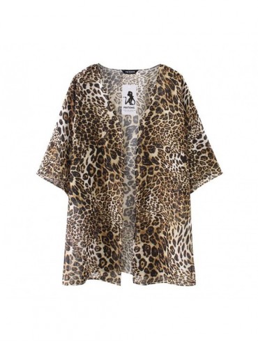 Cover-Ups Printed Tops and Blouse Women Chiffon Shawl Leopard Print Kimono Cardigan Top Cover Up Blouse Beachwear Brown M Bro...