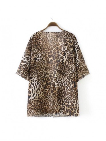 Cover-Ups Printed Tops and Blouse Women Chiffon Shawl Leopard Print Kimono Cardigan Top Cover Up Blouse Beachwear Brown M Bro...